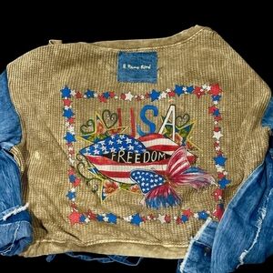 A Rare Bird Women's USA Freedom Graphic Jacket - Tan with Blue Accents